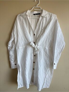 Zara White Tie-Front Long Shirt Jacket